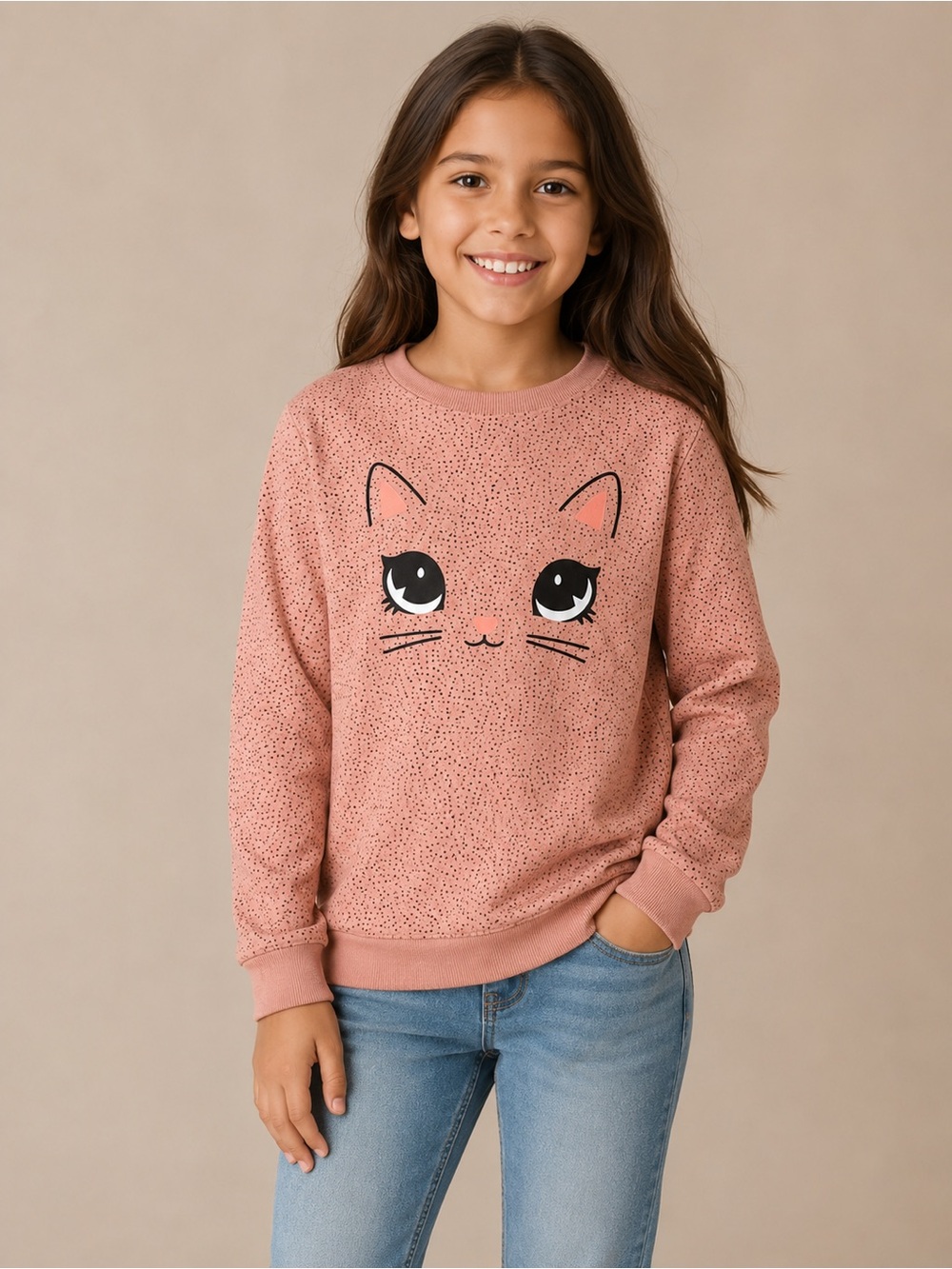 H&M Girls Pink Cat Face Sweatshirt Size 8–10